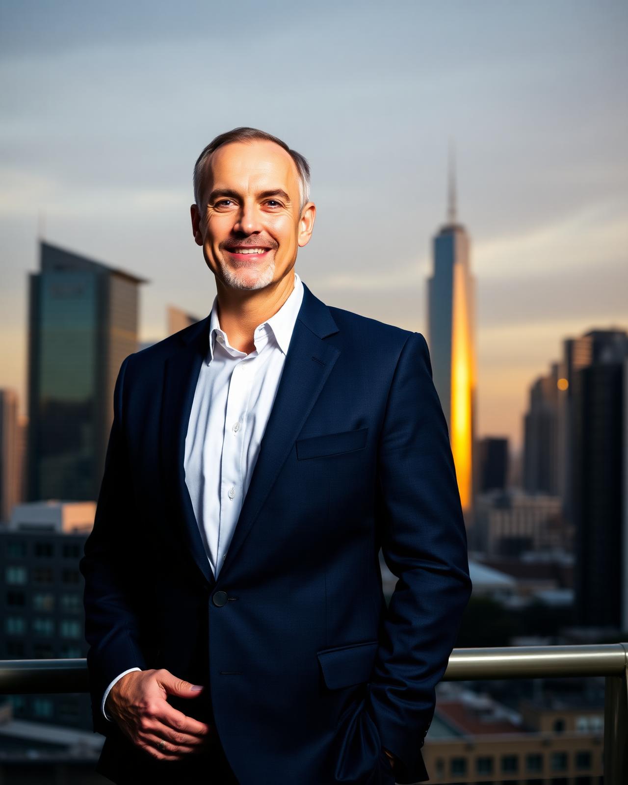 Portrait of Yuriy Blat, real estate investor, with a city skyline at sunset